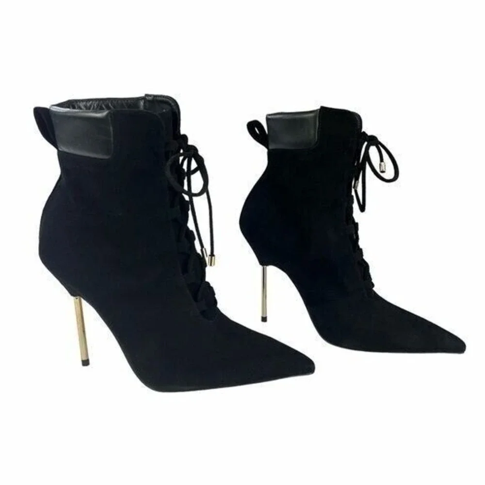 Good American Women 7 Black Suede Lace-Up Stiletto Ankle Bootie Modern Goth Chic